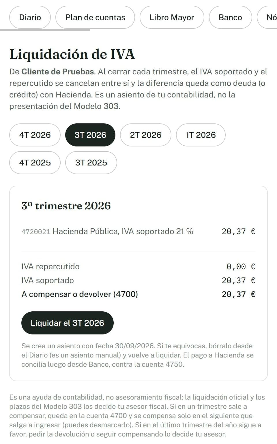 Pantalla de liquidación de IVA del tercer trimestre de 2026, con el IVA repercutido, el soportado, el resultado a compensar o devolver y el botón para liquidar el trimestre.