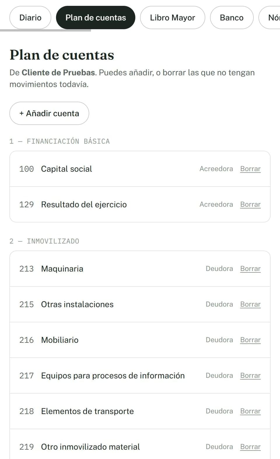 Plan de cuentas con las cuentas agrupadas por grupos, como financiación básica e inmovilizado, cada una con su número, su nombre y si es deudora o acreedora.