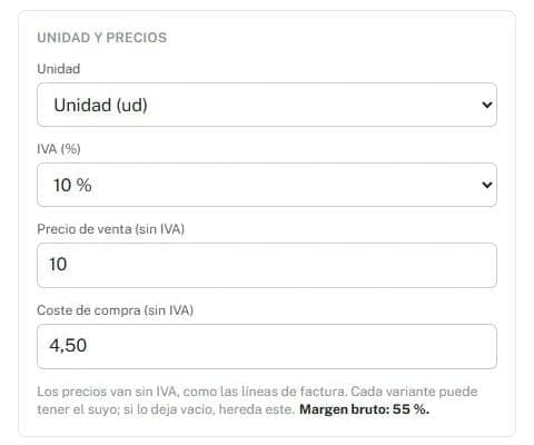 Ficha de producto con la unidad, el IVA del 10 %, el precio de venta de 10 euros sin IVA, el coste de compra de 4,50 euros y el margen bruto del 55 %.