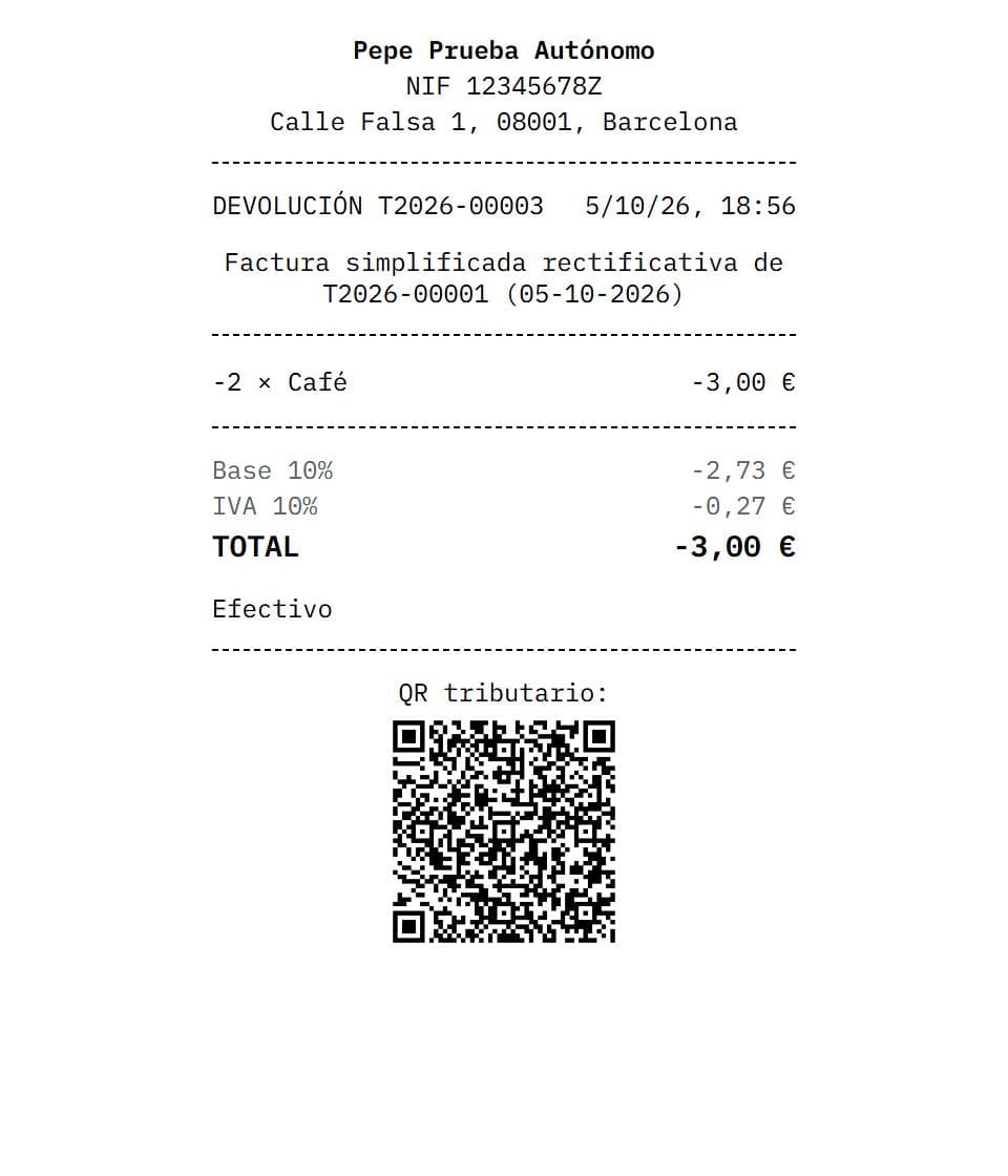 Ticket de devolución de dos cafés, con importe en negativo, enlazado a la factura simplificada original y con código QR.