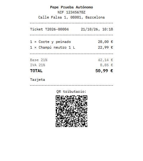 Ticket de una peluquería con un corte y peinado y un champú, con base, IVA al 21 %, forma de pago con tarjeta y código QR tributario.